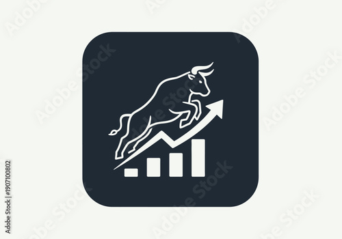 Simple flat vector app icon of bull market symbol, solid bull silhouette with upward chart arrow