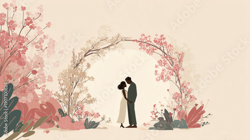 Wedding Couple Illustration with Floral Arch for Romantic Background