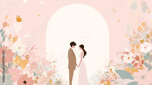 Wedding Couple Illustration with Floral Arch for Romantic Background