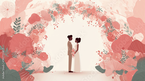 Wedding Couple Illustration with Floral Arch for Romantic Background