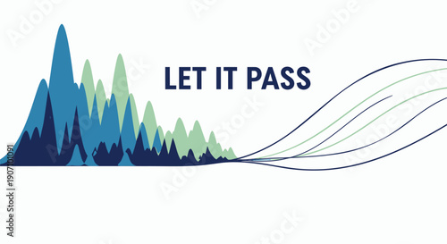 Vector mountain range silhouette with wavy lines and 'LET IT PASS' text, for banner or poster or website header, isolated on transparent background, png