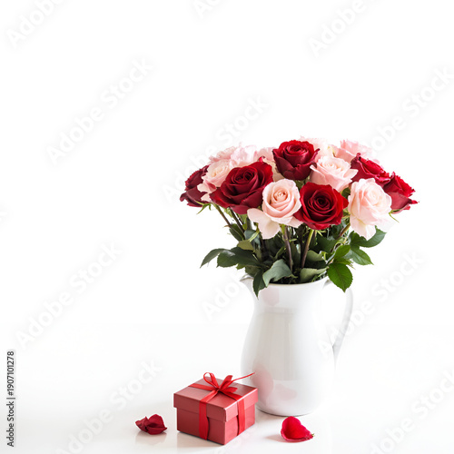 Romantic Red Pink Roses Bouquet with Gift Box and Scattered Petals