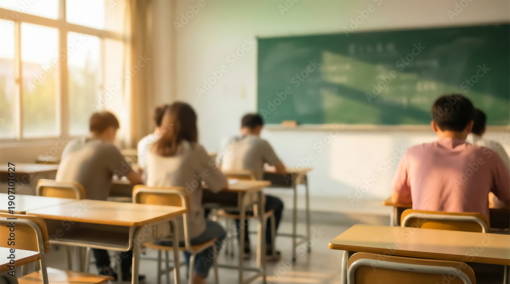 Fototapeta premium Students sitting at desks in a classroom, viewed from behind, with a blackboard at the front and sunlight from the window