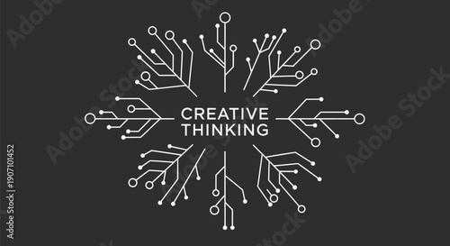 Circuit board design with 'CREATIVE THINKING' text, vector illustration for website, banner, or presentation, isolated on transparent background, png