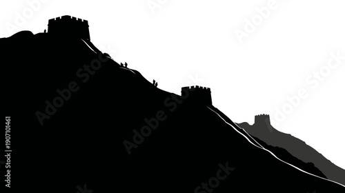 Black and white illustration of a mountainous landscape with a series of connected towers