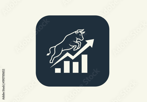 Simple flat vector app icon of bull market symbol, solid bull silhouette with upward chart arrow