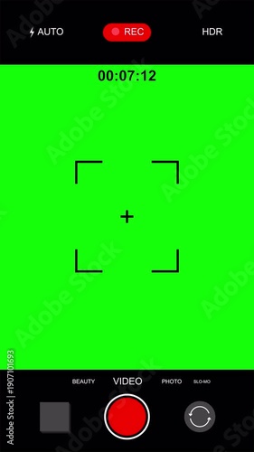 Vertical smartphone camera recording interface on green screen chroma key