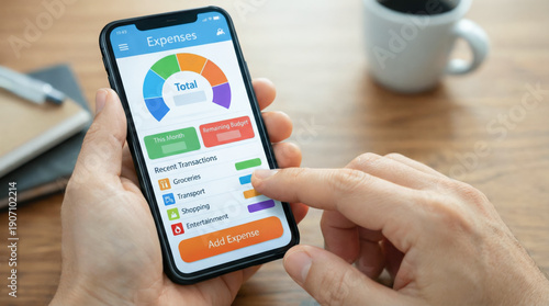 Person holding a smartphone, using a mobile application to track expenses and manage personal finances, budgeting for various categories like groceries, transport, and shopping