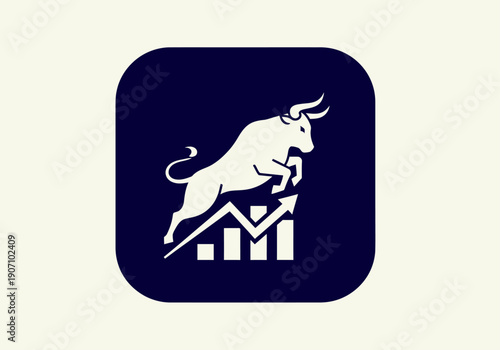 Simple flat vector app icon of bull market symbol, solid bull silhouette with upward chart arrow