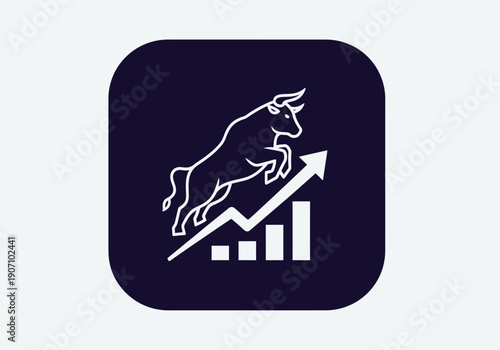 Simple flat vector app icon of bull market symbol, solid bull silhouette with upward chart arrow