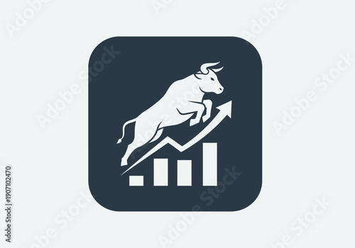 Simple flat vector app icon of bull market symbol, solid bull silhouette with upward chart arrow