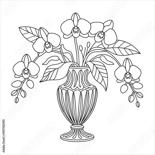 Orchid flowers inside the vase illustration vector style coloring book 