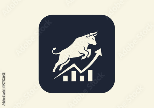 Simple flat vector app icon of bull market symbol, solid bull silhouette with upward chart arrow
