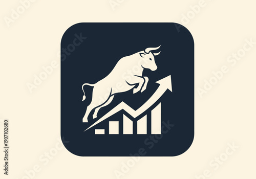 Simple flat vector app icon of bull market symbol, solid bull silhouette with upward chart arrow