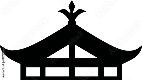 Stylized black illustration of a building with ornate roof and spire
