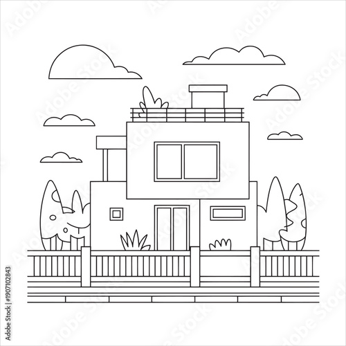 Modern cubic house illustration vector style coloring book 