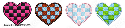 Heart embroidered patch set with checkered patterns, colorful stitched designs for crafts and DIY projects.