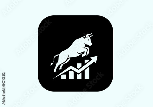 Simple flat vector app icon of bull market symbol, solid bull silhouette with upward chart arrow