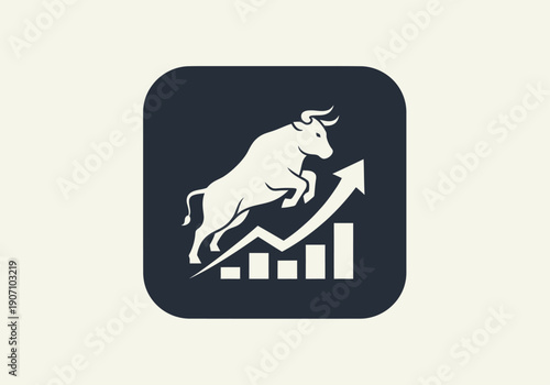 Simple flat vector app icon of bull market symbol, solid bull silhouette with upward chart arrow