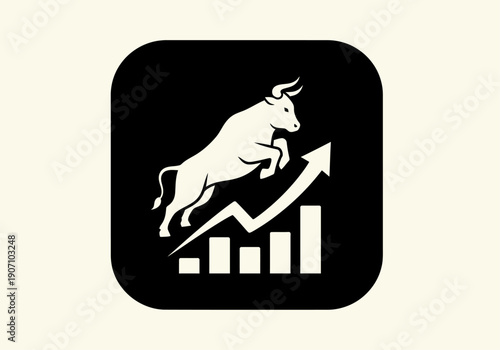 Simple flat vector app icon of bull market symbol, solid bull silhouette with upward chart arrow