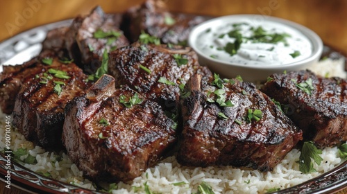 Grilled Lamb Chops Served with Rice and Yogurt Sauce