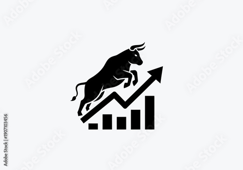 Simple flat vector app icon of bull market symbol, solid bull silhouette with upward chart arrow