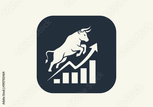 Simple flat vector app icon of bull market symbol, solid bull silhouette with upward chart arrow