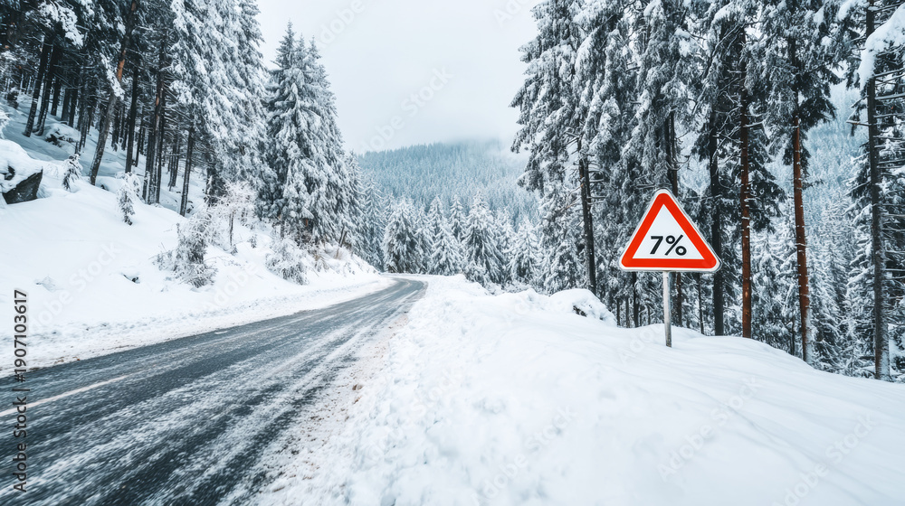 Fototapeta premium Winter road curve showing a 7 percent slope sign alongside snowy pine trees in a freezing forest environment