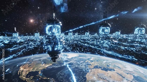 Wallpaper Mural Futuristic AI Powered Space Satellite Network Animation for Global Communication Torontodigital.ca