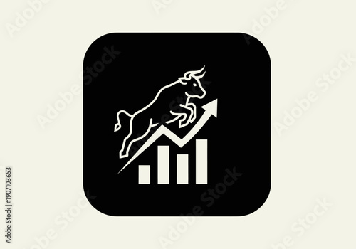 Simple flat vector app icon of bull market symbol, solid bull silhouette with upward chart arrow