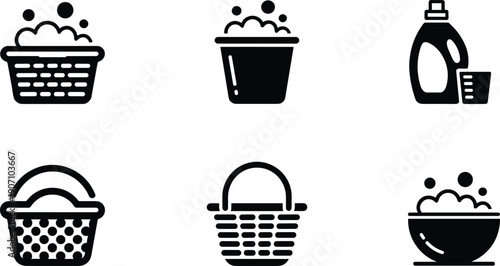 Black and white laundry and washing icon set featuring baskets, buckets, detergent bottles, and soap suds for household chores, cleaning, and washing graphics