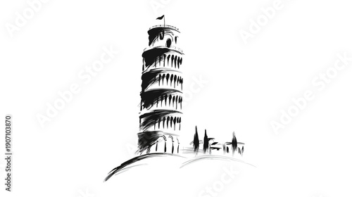 A monochrome ink sketch depicts a leaning tower with a small flag, and simple landscape elements