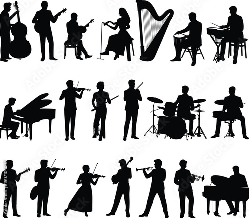Silhouettes of musicians playing various instruments black