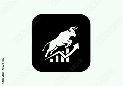 Simple flat vector app icon of bull market symbol, solid bull silhouette with upward chart arrow