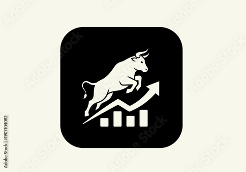 Simple flat vector app icon of bull market symbol, solid bull silhouette with upward chart arrow