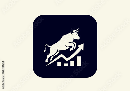 Simple flat vector app icon of bull market symbol, solid bull silhouette with upward chart arrow