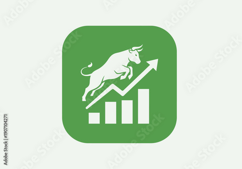 Simple flat vector app icon of bull market symbol, solid bull silhouette with upward chart arrow