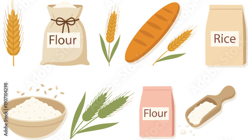 Vector set of wheat stalks flour bags bowl of rice and bread loaf flat icons isolated on white background for bakery branding.