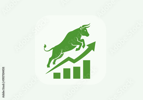 Simple flat vector app icon of bull market symbol, solid bull silhouette with upward chart arrow