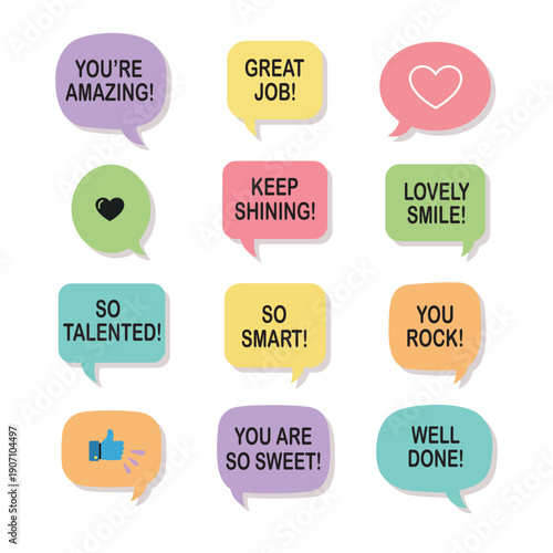 Set of colorful speech bubbles with positive compliments and motivational quotes. Vector icons with phrases like Well Done, You Rock and Great Job isolated on white