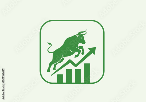 Simple flat vector app icon of bull market symbol, solid bull silhouette with upward chart arrow