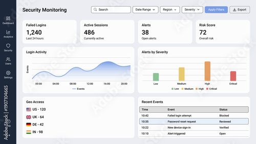 Security Monitoring Dashboard UI Template with Risk Score, Alerts by Severity, Login Activity and Events Table