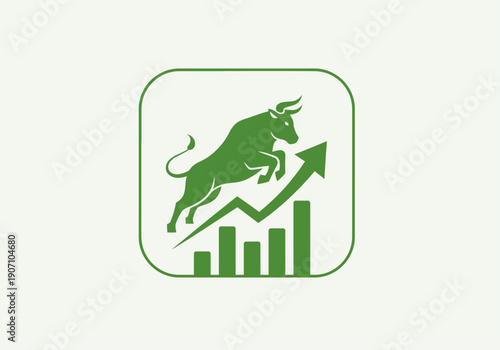 Simple flat vector app icon of bull market symbol, solid bull silhouette with upward chart arrow