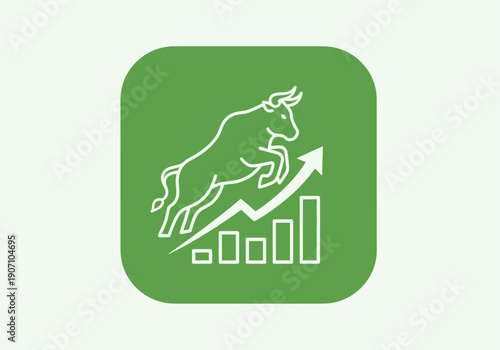 Simple flat vector app icon of bull market symbol, solid bull silhouette with upward chart arrow
