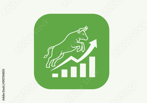 Simple flat vector app icon of bull market symbol, solid bull silhouette with upward chart arrow