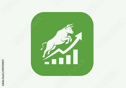 Simple flat vector app icon of bull market symbol, solid bull silhouette with upward chart arrow