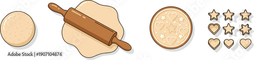 Vector set of cookie baking steps featuring raw dough ball wooden rolling pin flattened dough and shaped star and heart holiday cookies.