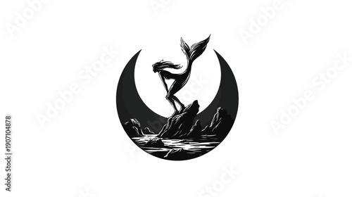 Silhouetted mermaid on a rock within a crescent, with sea and rocks in grayscale