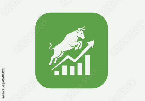 Simple flat vector app icon of bull market symbol, solid bull silhouette with upward chart arrow