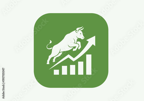 Simple flat vector app icon of bull market symbol, solid bull silhouette with upward chart arrow